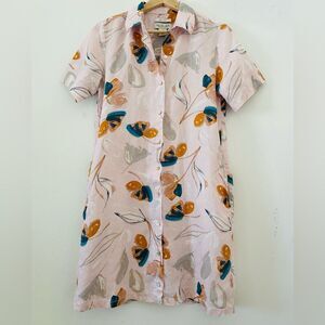 Floral 100% Linen  Button-Up Shirt Dress Size XS Pastel Tropical Vacation